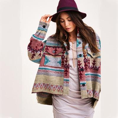 China Anti-Wrinkle Geometric Print Multicolor Women's Shacket Jacket for sale