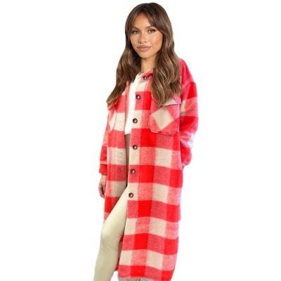 China Wholesale Women's Winter Anti-Wrinkle Casual Long Breasted Plaid Single Wool Coat Jacket Long Sheathed Plus Size Shacket for sale