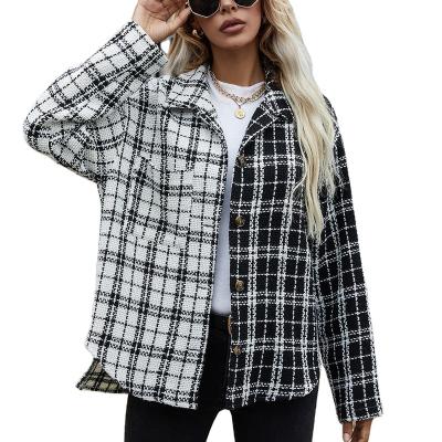 China Anti-Wrinkle Fashionable Contrast Color Plaid Shacket Women Shirt Wrapped Black And White Quilted Jacket Long for sale