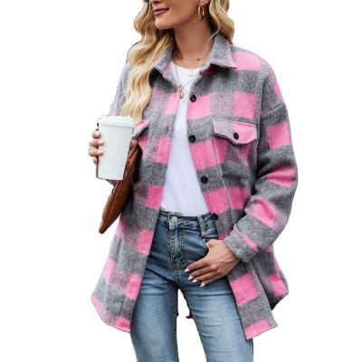 China Anti-Wrinkle New Popular High Quality Winter Coat Woolen Lapel Long Sheath Plaid Cardigan Women Shacket for sale