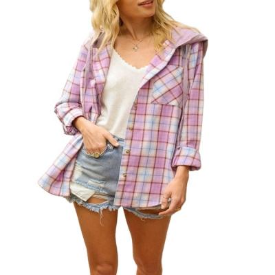 China Autumn Women Hoodie Fashion Long Sleeve Plaid Shirt Custom Jacket Loose Shacket Women Anti-wrinkle for sale