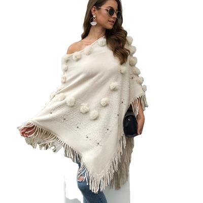 China Acrylic Autumn And Winter Shawl Tassel Coat Women Off The Shoulder Sweater With Yarn Balls Nail Bead Around The Neck Sweater Shawls for sale