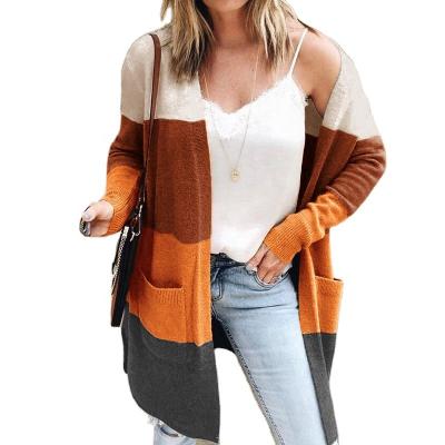 China Anti-wrinkle autumn and winter fashionable pocket coat big long striped color matching women's sweater cardigan for sale