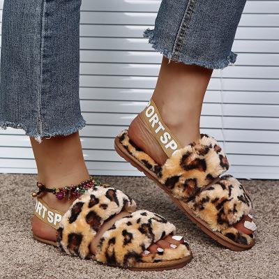 China Winter Warm Fluffy Women's Fur Leopard Print Slippers Sandals Fashion Trend Ladies Plush Furry Cute Fox Hair Women's Slippers For Women for sale