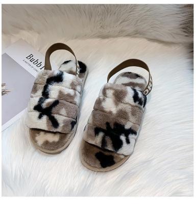 China Fux Camouflage Slippers Fluffy Women's Sandals Women's Slippers Fashion Trend Ladies Plush Furry Cute Hairy Fox Hair Warm Winter Slippers For Women for sale