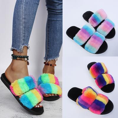 China Fashion Trend Plus Size Tie Dyed Plush Slippers 2021 Autumn And Winter New Open-Toed One-Flip Floppy Slippers Female for sale