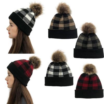 China Christmas Bun COMMON Brim Contrast Warm Wool Knitted Winter Beanie With Fur Pom Women's Plaid Detachable Fur Free Ball Hat Large for sale