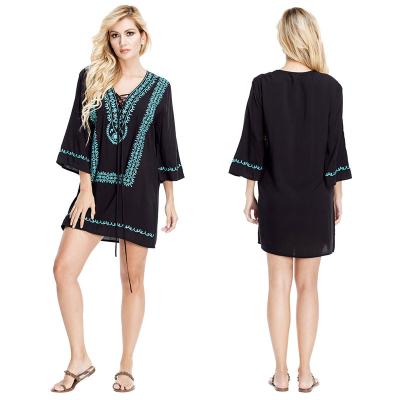 China Boho Style Breathable Blue Embroidered Black Short Dress Beachwear Cover Up Dress for sale