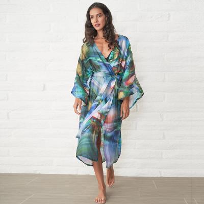 China Spandex Kimono Cardigan Breathable Stunning Shading Long Beachwear Cover Up Belt Maxi Dress for sale