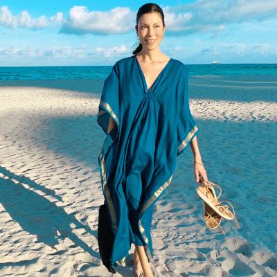 China Breathable Stunning Breathable Long Gold Framed Blue Beach Cover Up Dress Beach Wear Kaftan Dress for sale