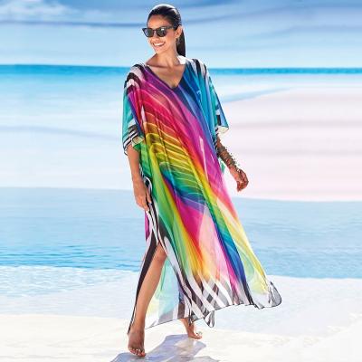 China New Breathable Raimbow Stripes Print Long Loose Maxi Dress Beach Cover Up Kaftan Dress Beach Wear for sale