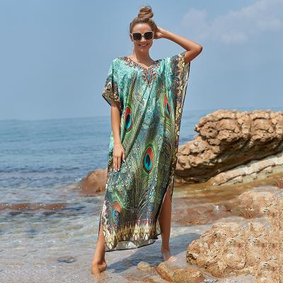 China New Beautiful Breathable Peacock Feather Print Long Loose Stretchy Kaftan Dress Beach Wear Dress Beach Cover Up for sale