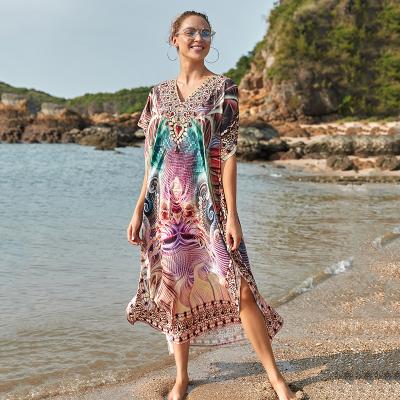 China New Beautiful Breathable Digital Printing Long Loose Stretchy Kaftan Dress Beach Wear Dress Beach Cover Up for sale