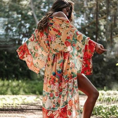 China Breathable Hot Sale Chiffon Kimono Cardigan Loose Floral Beach Cover Up Bikini Dress for sale