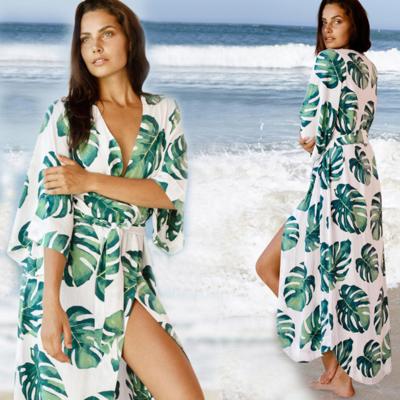 China Breathable Tropical Green Leaf Print Women Beach Wear Kimono Cardigan Beach Cover Up for sale