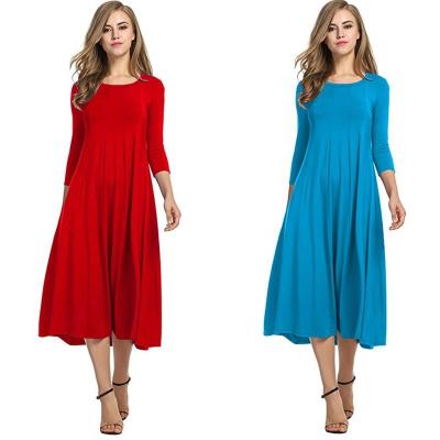 China D056 Breathable Women Summer Dress O-Neck Mid-Sleeve Solid-Color Simple Bow Dress for sale