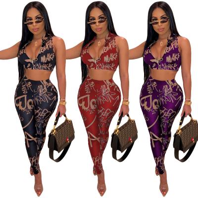 China T044 Women's Breathable Fashion Sexy Letter Printed Sleeveless Suit Two Piece Set for sale