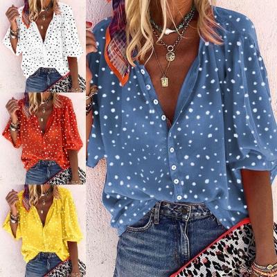 China S001 New Breathable Floral Print Soft Lapel Polka Dot Women's Loose Button Chiffon Shirt for sale