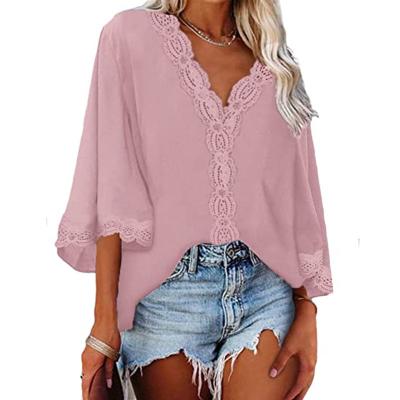 China S002 New Women's Loose Shirt Of V-neck Breathable Lace Sleeve Horn Shirt for sale