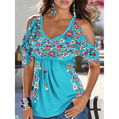 China Women Summer Printing Breathable Loose V-Neck Pleated Shoulder Short Sleeve Tee S007 for sale