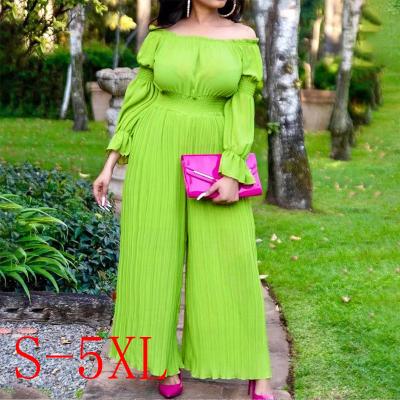 China Viable Hot Sale Chiffon Long Sleeve Pleated Wide Leg Off The Shoulder Dungarees Women Elegant One Piece Jumpsuit for sale