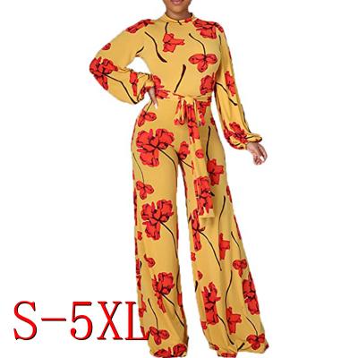 China Autumn And Winter New Large Workable Edge Pleated Loose Yellow Neck Jumpsuit Print Long Sleeve One Piece Romper Women O for sale