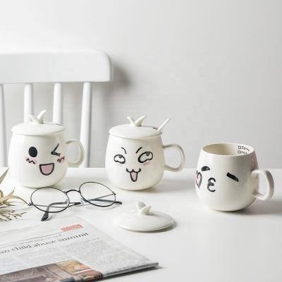 China Cartoon ceramic mug a set of lid spoon cup wholesale high quality exquisite emoticons design cute cartoon 100set mugs 301-400ml gift box for sale