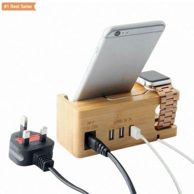 China Jumon Flexible Bamboo 3 in 1 Cell Phone Charger+Wood Holder Universal 3 Port USB Dock Stand Charging Charging Station for sale