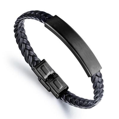 China Trendy Jewelry High Quality Mens Stainless Steel Fashion Genuine Black Leather Bracelet for sale