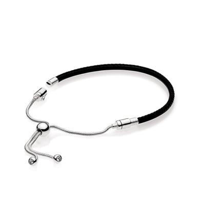 China Wholesale Environmentally Friendly High Quality Silver Leather Slider Charm Bracelet Adjustable Bangle for sale