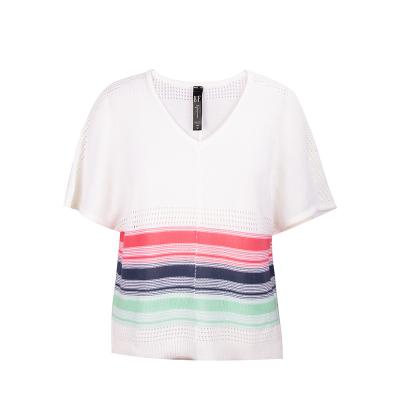 China Breathable OEM Service Simple-Dyed White Custom Pattern Stripe Bohemia V-Neck 100% Pure Acrylic T-Shirt for sale