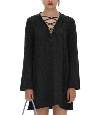 China Cable Breathable Pure Wool Cashmere Lace Up Sexy V Neck Long Sweater Pullover Dress for sale