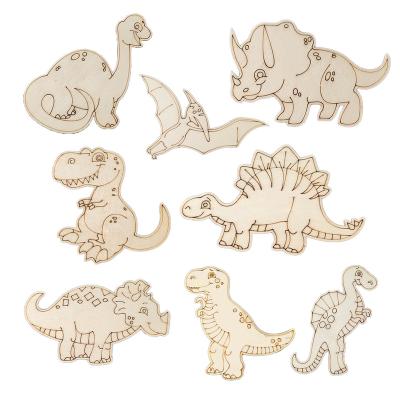 China USA Children's DIY Graffiti Toys Educational Natural Boxwood Laser Cut Excellent Carving Dinosaur Wooden Decorative Crafts for sale