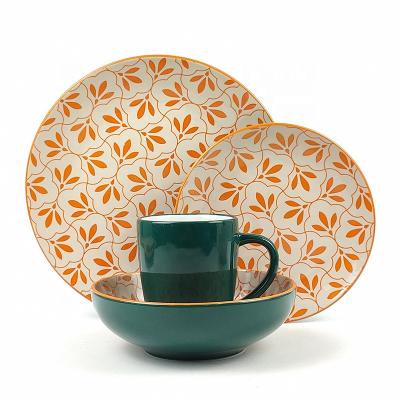 China Newly Sustainable Design Flower Pattern Pad-Printing Stoneware Ceramic Dinnerset With Color Glazed Tableware for sale