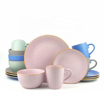 China Viable Wholesale Custom Tableware 16 Pieces China Blue Reactive Ceramic Tableware Set With Ginger Rim for sale