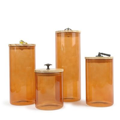 China Freshness Preservation Set Of 4 Colors Glass Storage Container Glass Jar Airtight With Wooden Lid for sale