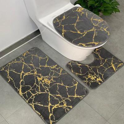 China Custom Printed Three-Piece Non-Slip Foot Rubber Mat Absorbent Bathroom Bath Mat Durable Modern Luxury Flannel Toilet Sets for sale