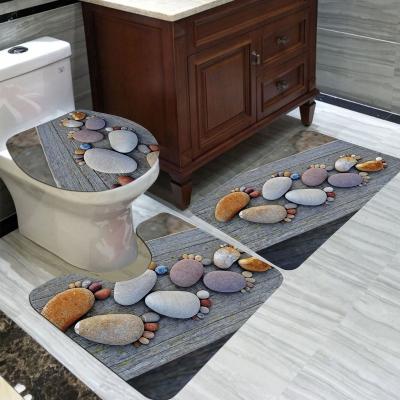 China Sustainable Fashion Modern Flannel Rubber Custom 3d Stone Printed Toilet Three Piece Non-Slip Foot Mat Absorbent Bathroom Bath Mat Sets for sale