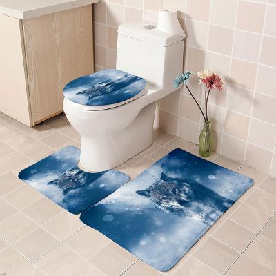 China Customized Sublimation 3d Animal Pattern Printed Flannel Toilet Mat Non-Slip Three-piece Feet Viable Mat Absorbent Bathroom Bath Mat Sets for sale