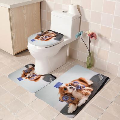 China Customized Viable Cute Animal 3d Dog Printing Non-Slip Three-piece Foot Mat Absorbent Flannel Bathroom Bath Mat Toiletry Sets for sale