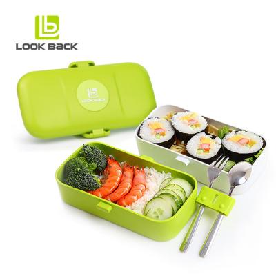 China LOOK 2021 Amazon BACK Rectangle Microwavable sealed plastic lunch box with stainless steel dividers and cutlery for sale