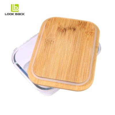 China Cute Outdoor Microwavable Container Microwave Safe Food Packing Compartments Glass Lunch Box With Wooden Lid for sale