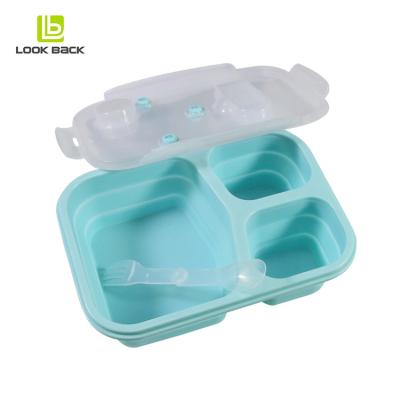 China Food Grade Kids School 3 Compartments Reusable Microwavable Silicone Folding Food Bowl With Cutlery Lid for sale