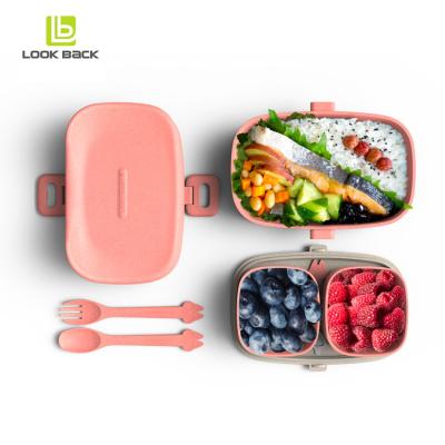 China Eco Friendly Microwavable Wheat Straw Picnic Cutlery Small Food Storage Containers Bento Box With Cutlery for sale