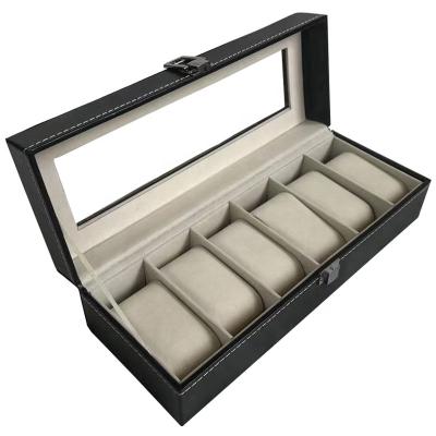 China Portable 6 Slot Quartz Watch Box Travel PU Leather Black Wood Show Leather Wristwatch Storage Gift Box For Watch for sale