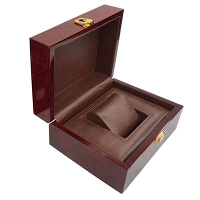 China 2021 Customized Flip Logo Luxury Handmade Teak Wood Shiny Wooden Single Watch Gift Packaging Box With Pillow for sale