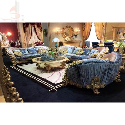 China Adjustable European Royal Classic Solid Wood (Other) Carving French Furniture Fabric Classic Blue Bedroom Furniture for sale