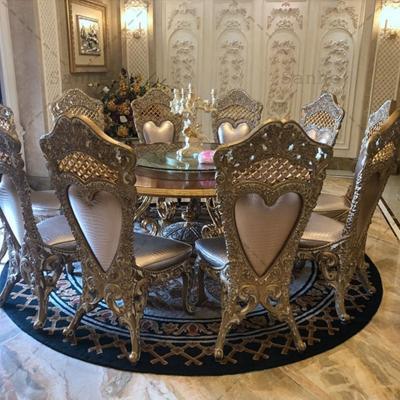 China European Court Carved Royal Luxurious Wood Carved Gold Dining Room Furniture Sets Antique Classic Table With Chairs Wine Cabinet for sale