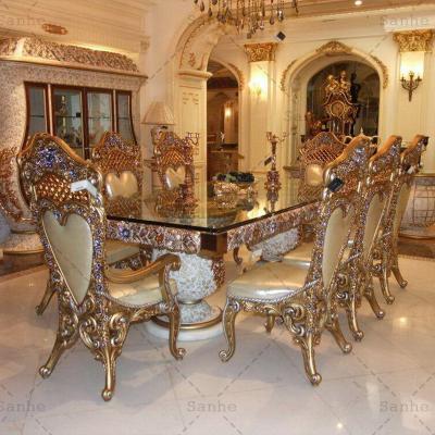 China European Antique Carved Dining Table Chairs Wine Cabinet Set Classic Royal Luxury Wood Vintage Dining Room Furniture Full Set for sale