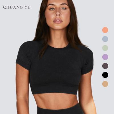 China 2022 Breathable Active Tops And Women Fitness Seamless Yoga Wear Crop Shorts Set Lady Washed Summer Two Piece Yoga Shorts Set for sale